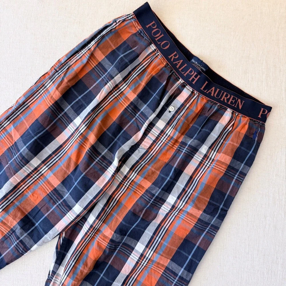 Polo Ralph Lauren Mens Orange Navy‎ Blue Plaid Cotton Sleepwear Pajama Pants Med